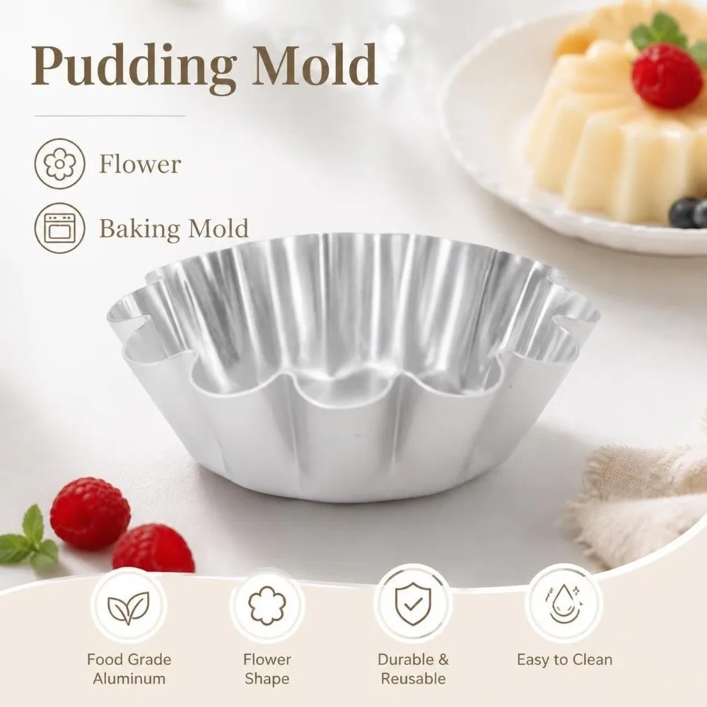 12PCS Aluminum Alloy Flower Pudding Mold Flower Shaped Easy Release Surface Jelly Mold Fluted Wave Edge Silver Fluted Cake Mold