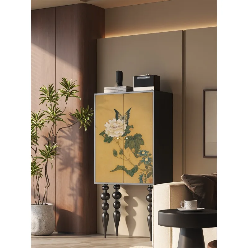 

Medieval multi-functional solid wood peony flower bucket cabinet, living room against the wall, high-footed vertical cabinet