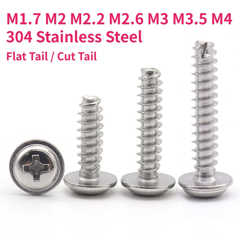 M1.7 M2 M2.2 M2.6 M3 M3.5 M4 304 Stainless Steel Cross Round Head with Washer Flat End / Cut Tail Self Tapping Screw Wood Screws