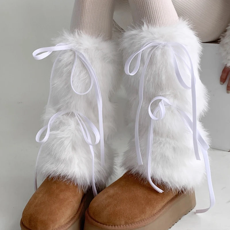 

JK Girls Boot Cuffs Leg Warmers for Women Winter Warm Harajuku Sweet Ribbon Bowknot Furry Plush White Boot Cover Long Socks