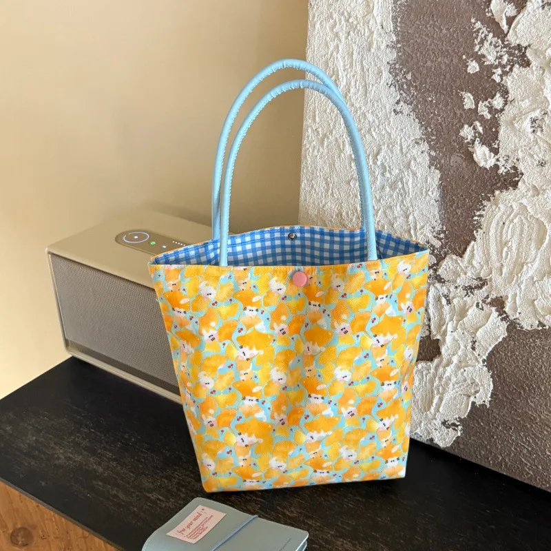 AB Double Sided Tote Bag Large Women Canvas Handbag Reversible Floral Check Print Bag for Daily Shopping Travel