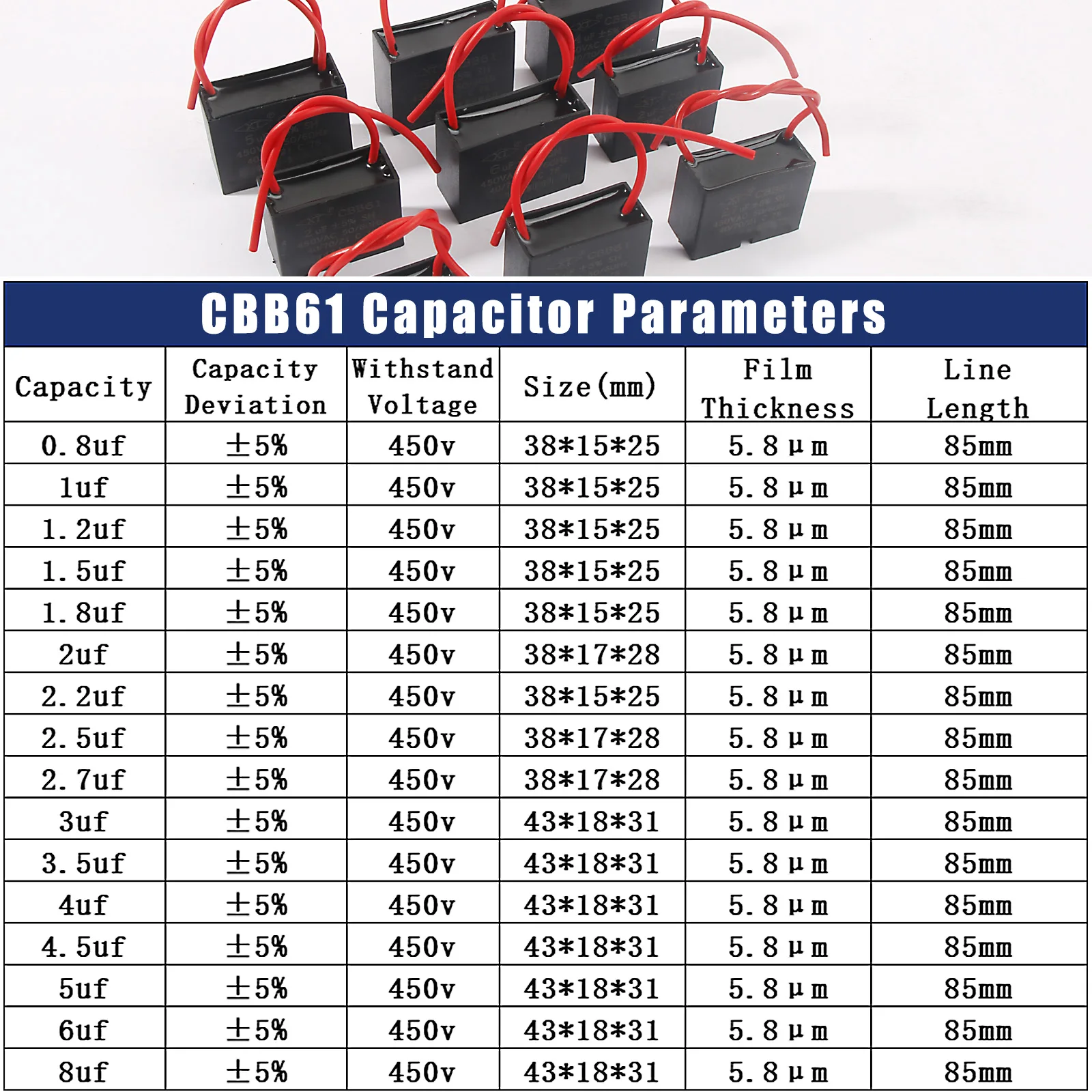 5pcs CBB61 Capacitor 450vac Fan Motor Run Starting Capacitors 0.5uf 1uf 1.5uf 3uf 4uf 8uf