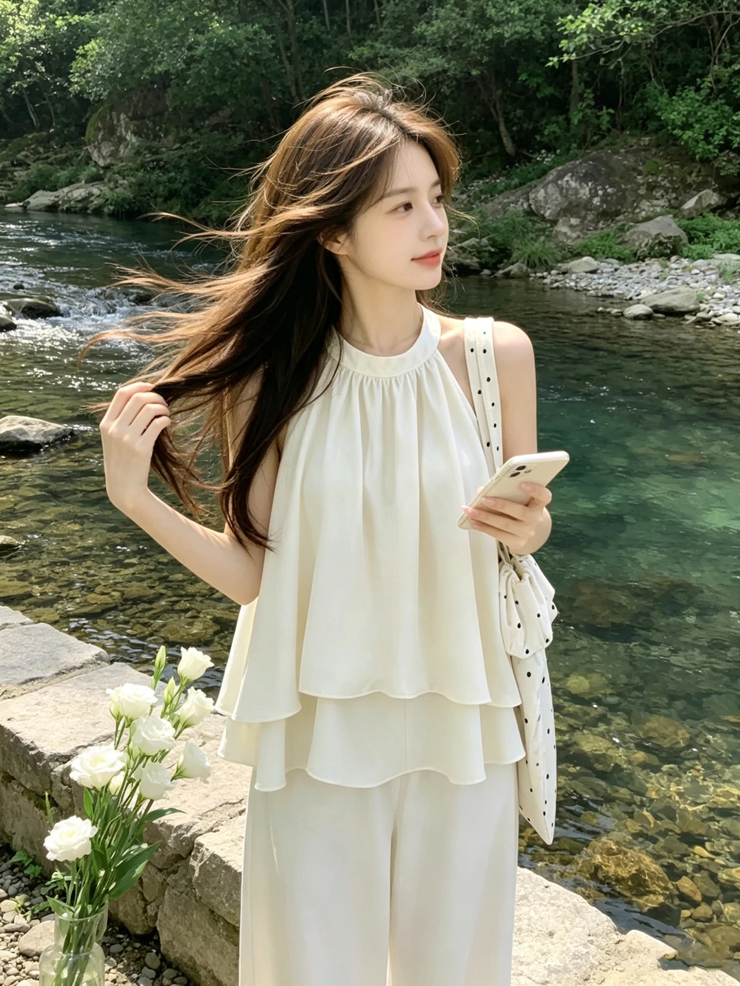 

Korean Style Sweet Ruffle Neck Sleeveless Vest Women's Summer Unique Design Sensation Doll Shirt Top Loose Fit round Neck