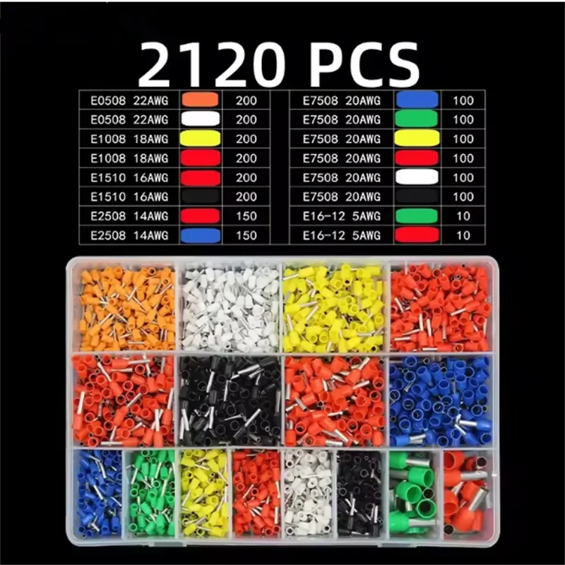 

2120pcs Tubular Terminals Ve Insulated Terminals Household Electrician Quick Wiring Cable Wire Connector Set