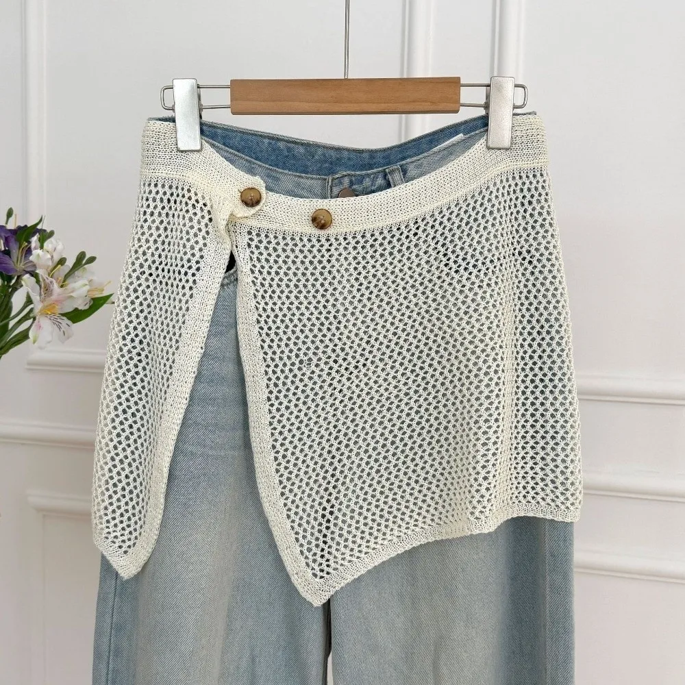 Fashion Hollow Out Crochet Hip Scarf Korean Style Button Knitted Shawl Boho Waist Belt Layer Outfits Skirt Streetwear
