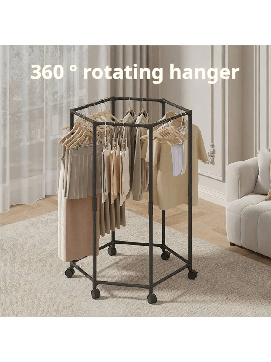 Hexagonal clothes drying rack with wheels for rotating, suitable for household balconies and bedroom wall-mounted clothes hanger