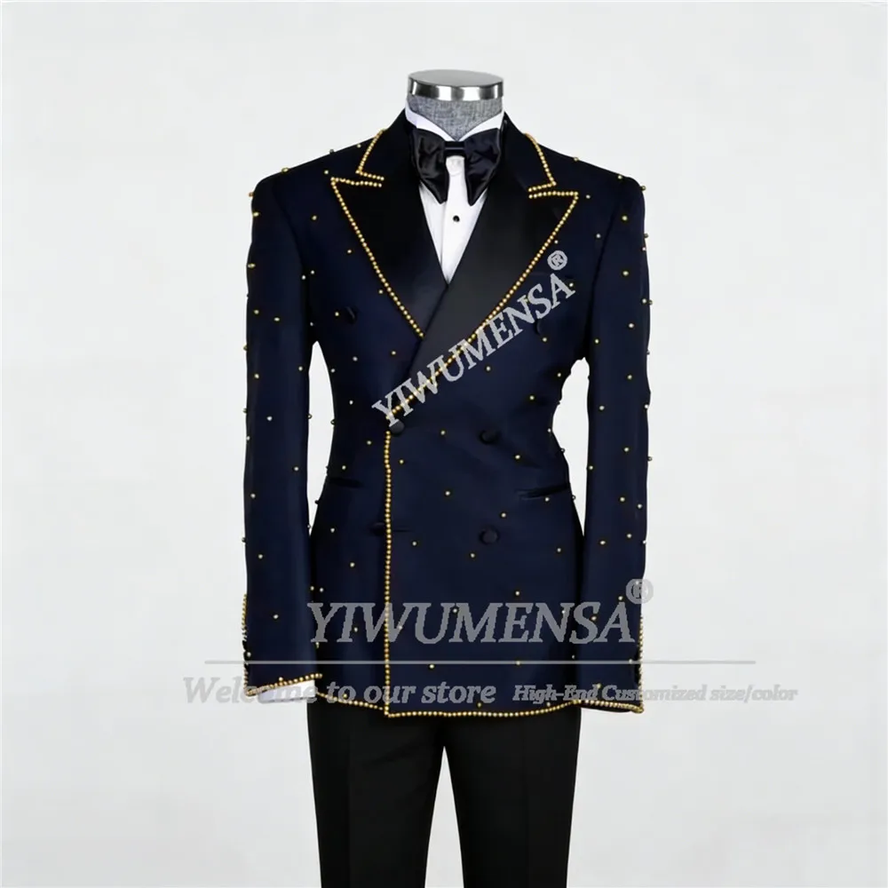 

Elegant Gold Pearls Suit Attire Men Slim Fit Double Breasted Jacket Pants 2 Pcs Groom Banquet Wedding Tuxedos Trajes Para Hombre