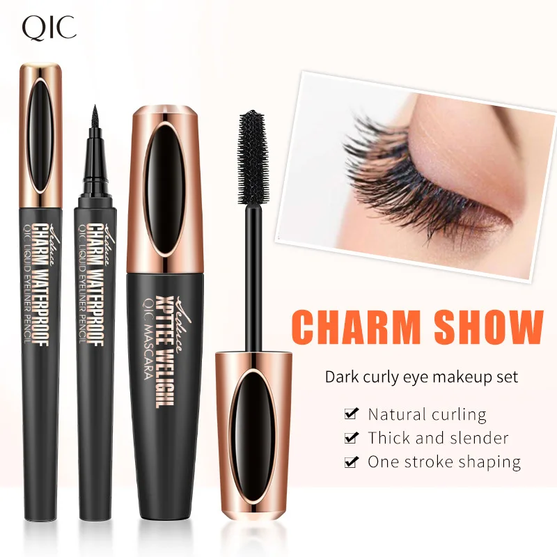 4D Mascara Thick Slender Curly Waterproof and Sweatproof 24h Lasting Effect Without Smudge 2in1 Mascara & Eyeliner Pen Tools