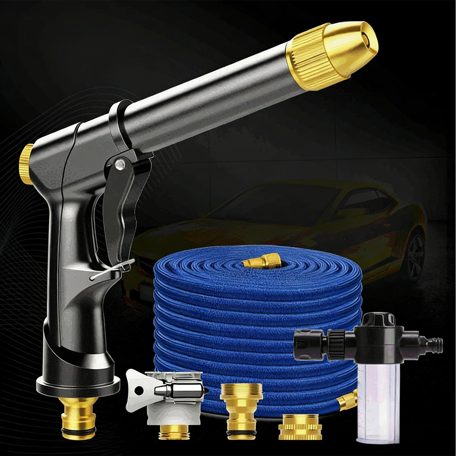 

Набор для мойки автомобилей: водяной пистолет 15 м 【Высококачественный черный пистолет】 с металлическим соединителем (5 м до подключения к водопроводу), телескопический шланг Garden Magic, портативный водяной пистолет высокого давления для мойки автомобил