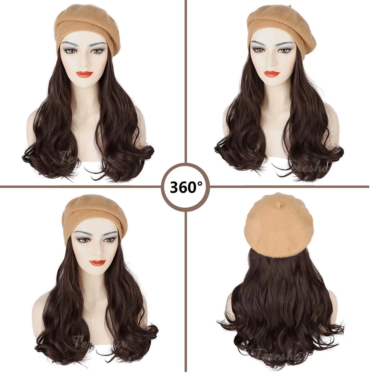 Synthetic Beret Wig, Long Curly Hair with Beret, Fashion Long Curly Hair Beret Wig, Beret with Hair Extensions for Women