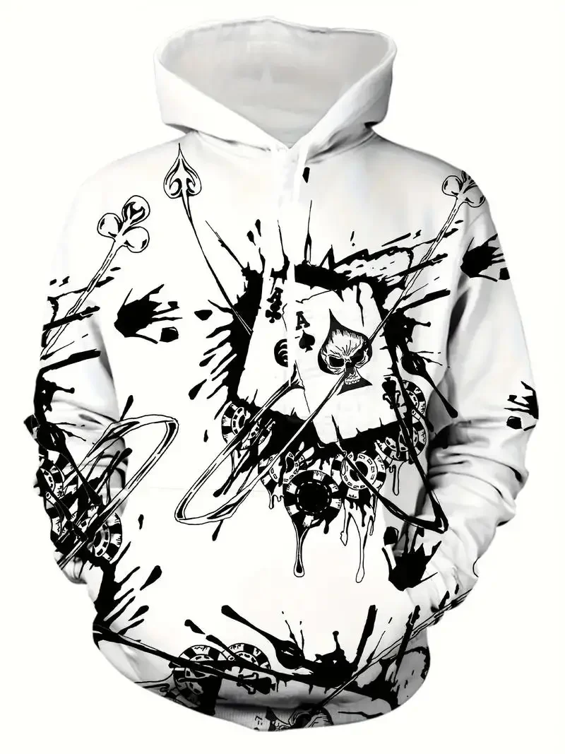 3D Print Poker Skull Graphic Men's Hoodies Fashion Design Long Sleeve Hooded Pullover Outdoor Street Hip Hop Comfortable Clothes
