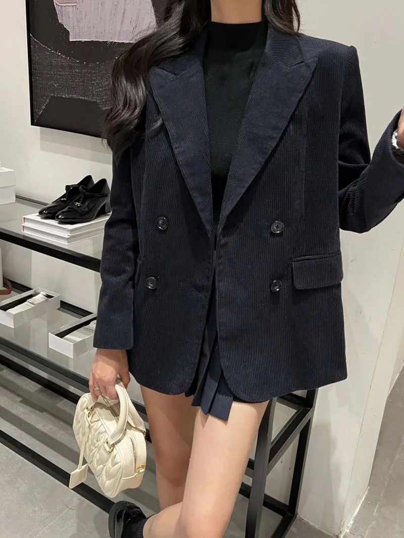 Korean women's suit with British style, handsome and versatile, double breasted corduroy striped suit jacket