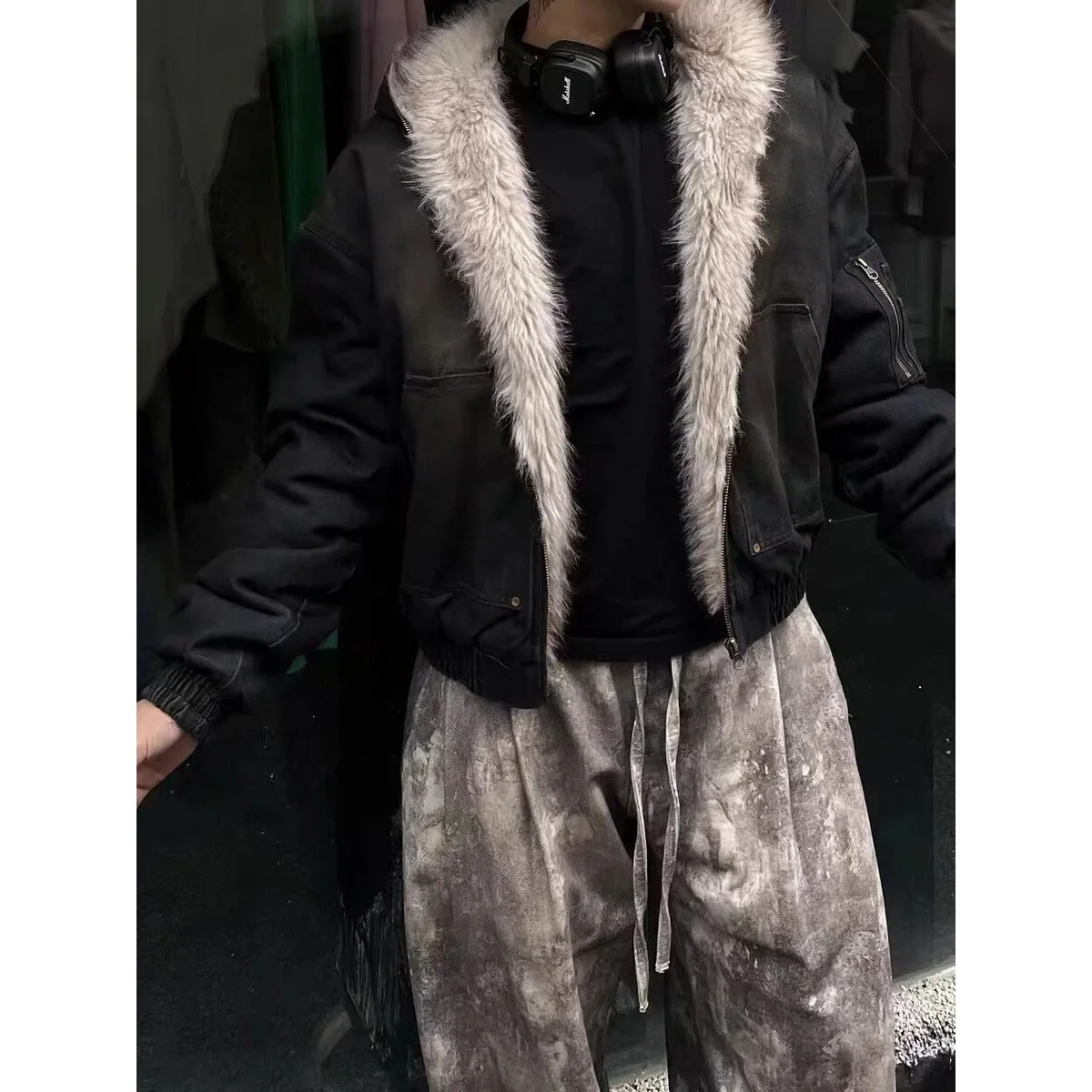 Thiened Fce doublé à capuche Denim Jaet hommes automne hiver grande taille américain Sle Faionable manteau avec col en fourrure