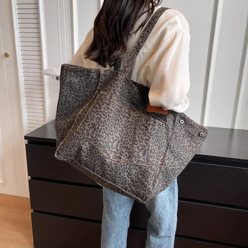 Imagen 2 del producto Bolso de mano con estampado de leopardo, bolso de lona Vintage, bolso de moda de gran capacidad para compras de trabajo escolar