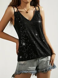 Black Sequined V Neck Cami Top, Elegant V Neck Sleeveless Top For Party, Women's Clothing