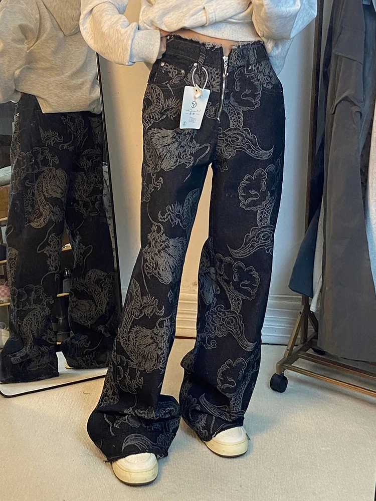 

Новые китайские мужские джинсы с широкими прямыми штанинами, с узором «Дракон», с высокой талией, длинные брюки в стиле хип-хоп, уличная мода