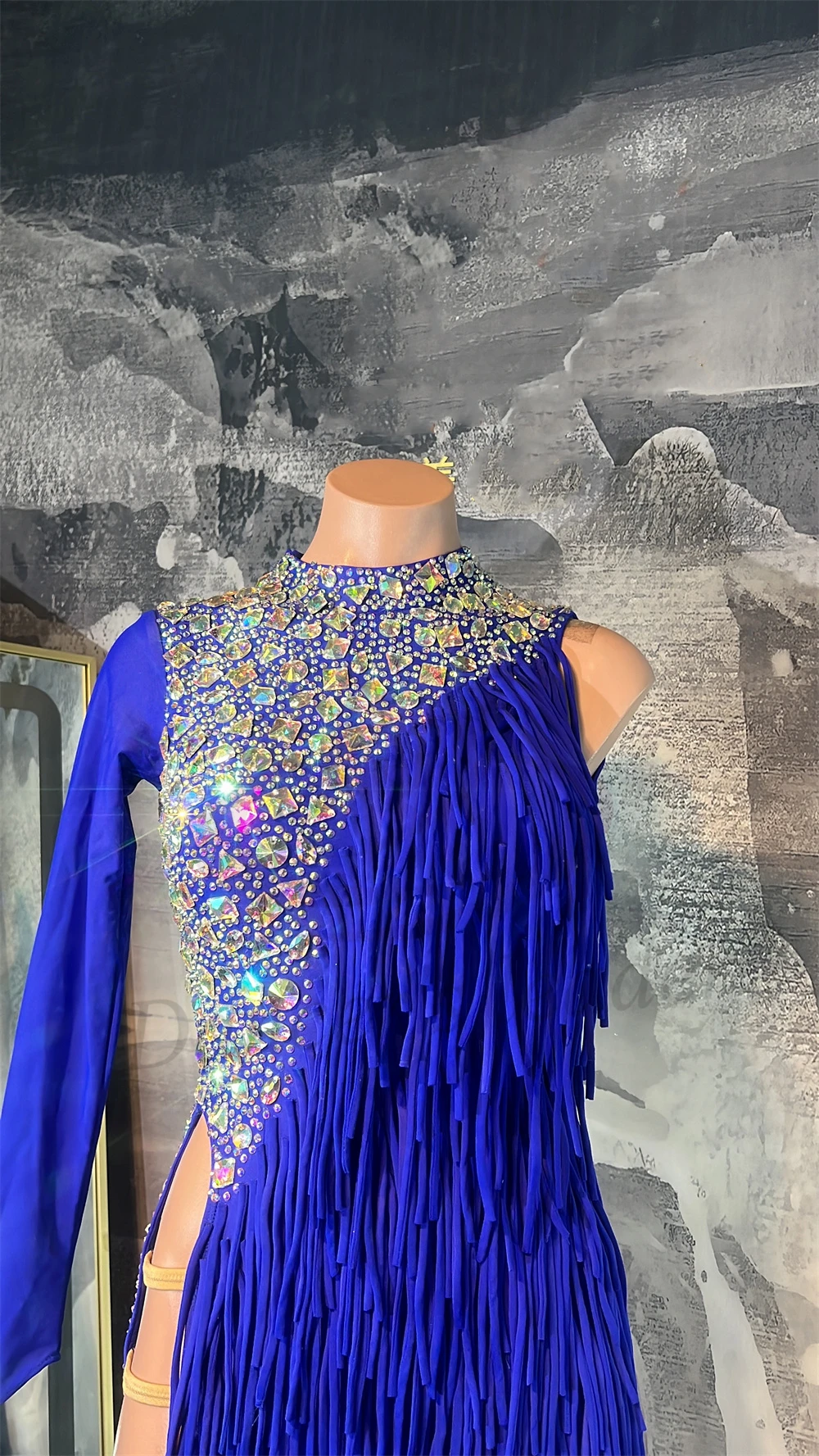 Vestido de baile latino AB Stone para mujer, adulto y niño, personalizado, de gama alta, azul real con borla, negro, piscina, Samba