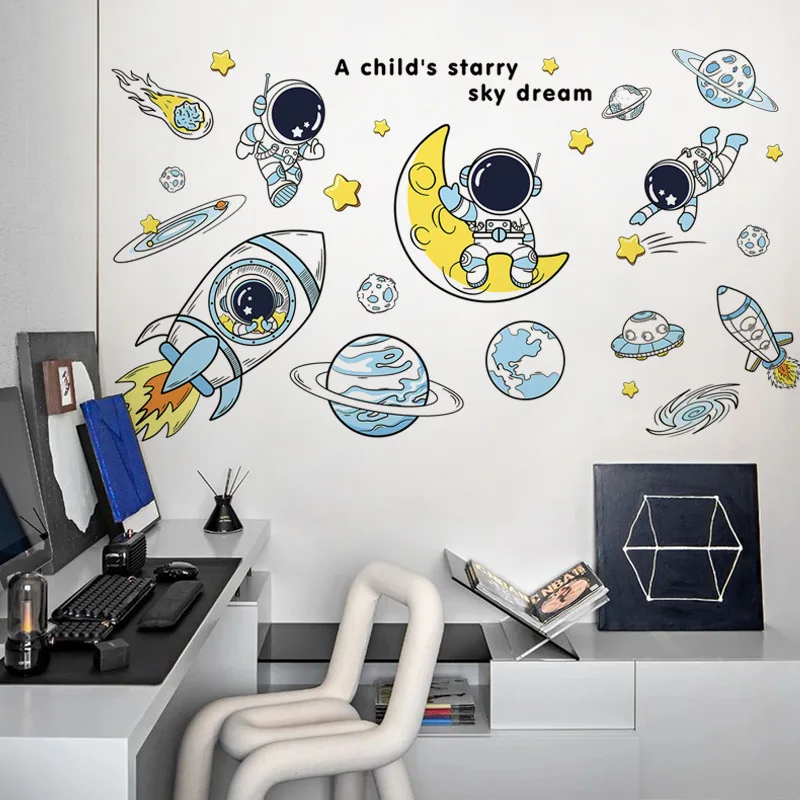 DIY Space Astronaut Wall Decal Boys' Room Wall Decal Decorative Children's Room Cosmic Sky Background Wall Art Wallpaper