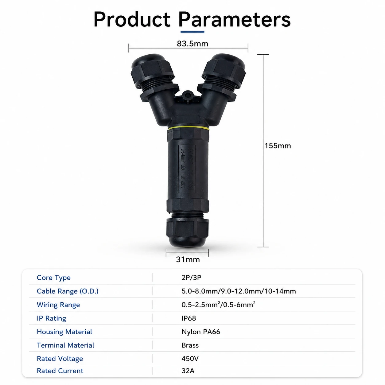 IP68 Waterproof M25 Y Type Cable Connector 2 Pin 3 Pin 32A 450V Three Way Solderless Wire Terminal Outdoor LED Lamp Junction Box
