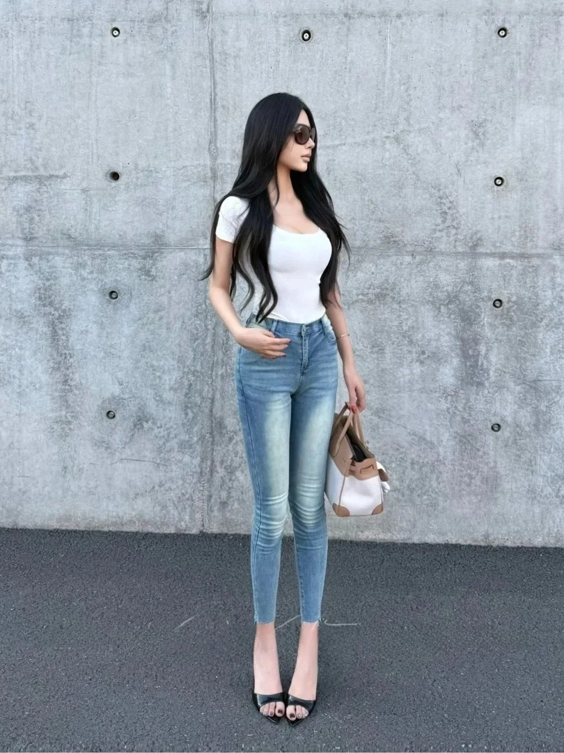Retro Washed Texture Fashionable High Waist Lift Butt Sexy Tight Fit Slimming Denim Jeans Korean Style Elastic Ladies Pants