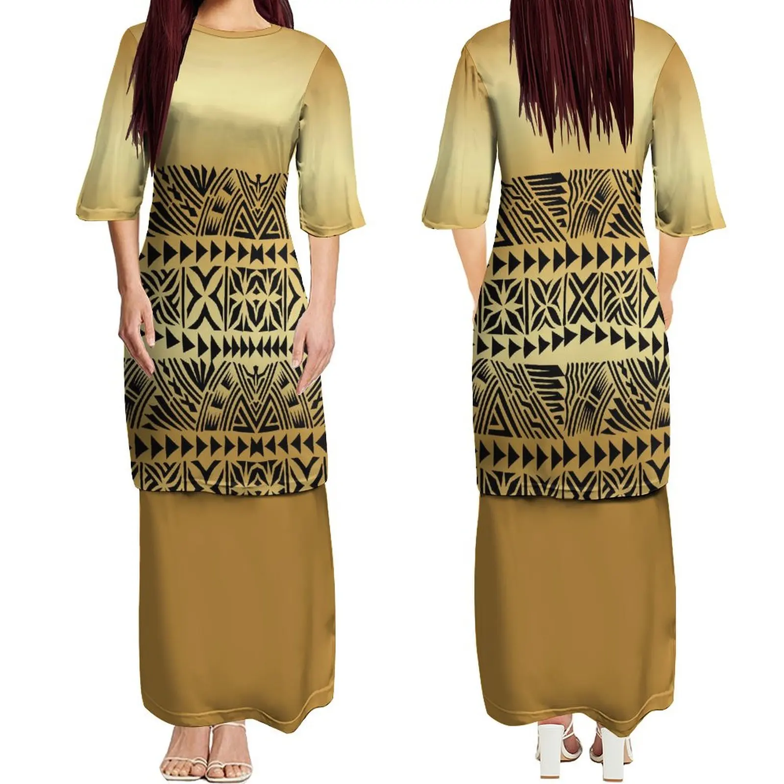 Imagem -03 - Vestido Personalizado de Meia Manga Feminino Elegante Design Tribal Polinésio Vestido Nacional Conjunto de Peças Verão