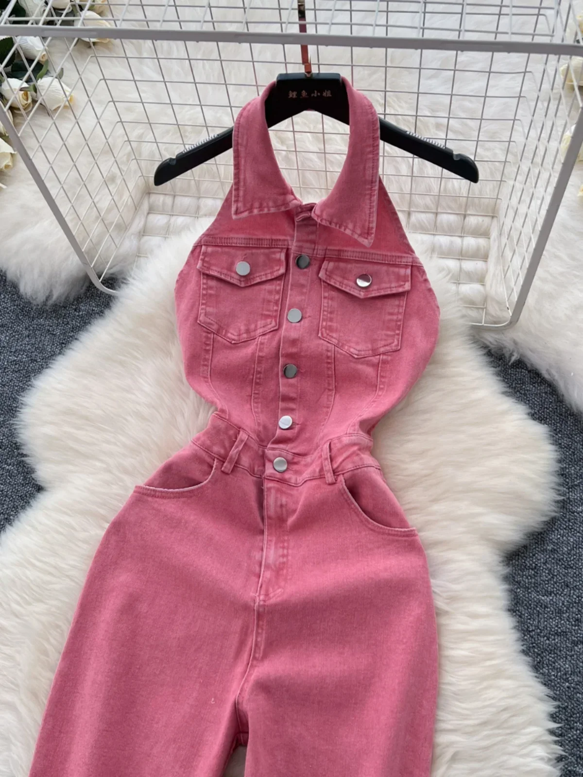 2024 Summer New Retro Lapel Neck Single-breasted High-waisted Slim-fitting Backless Denim Jumpsuit Women Korean Style