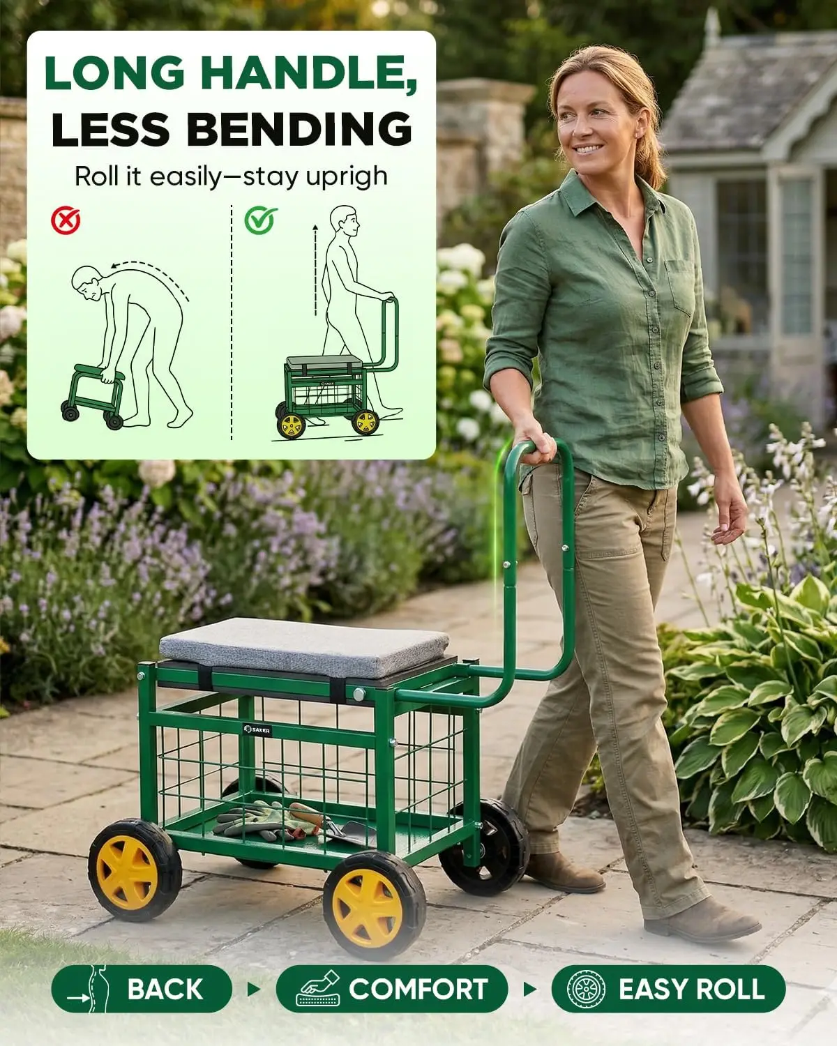 Rolling Garden Cart with Seat & Wheels 15.7