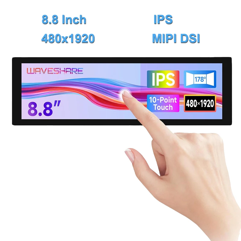 Waveshare 8.8 inch 480x1920 Pixel IPS Capacitive Touch Screen DSI Display 10-point Touch for Raspberry Pi 5/4B/3B+/3A+, CM3/3+/4