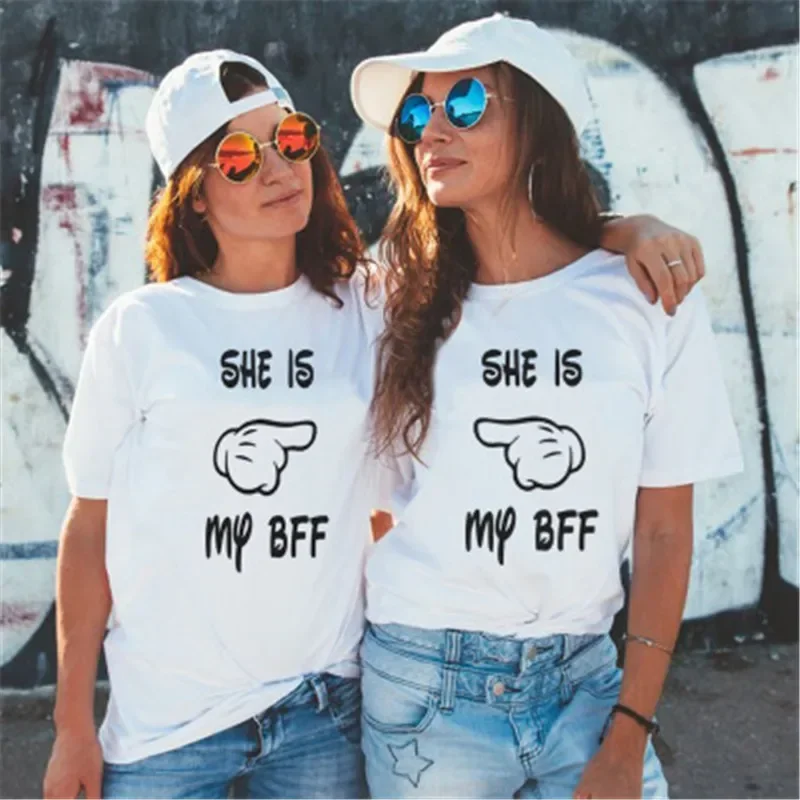 Melhores amigos gráfico camiseta feminina verão manga curta irmã bff t camisa feminina topo branco casual camiseta femme