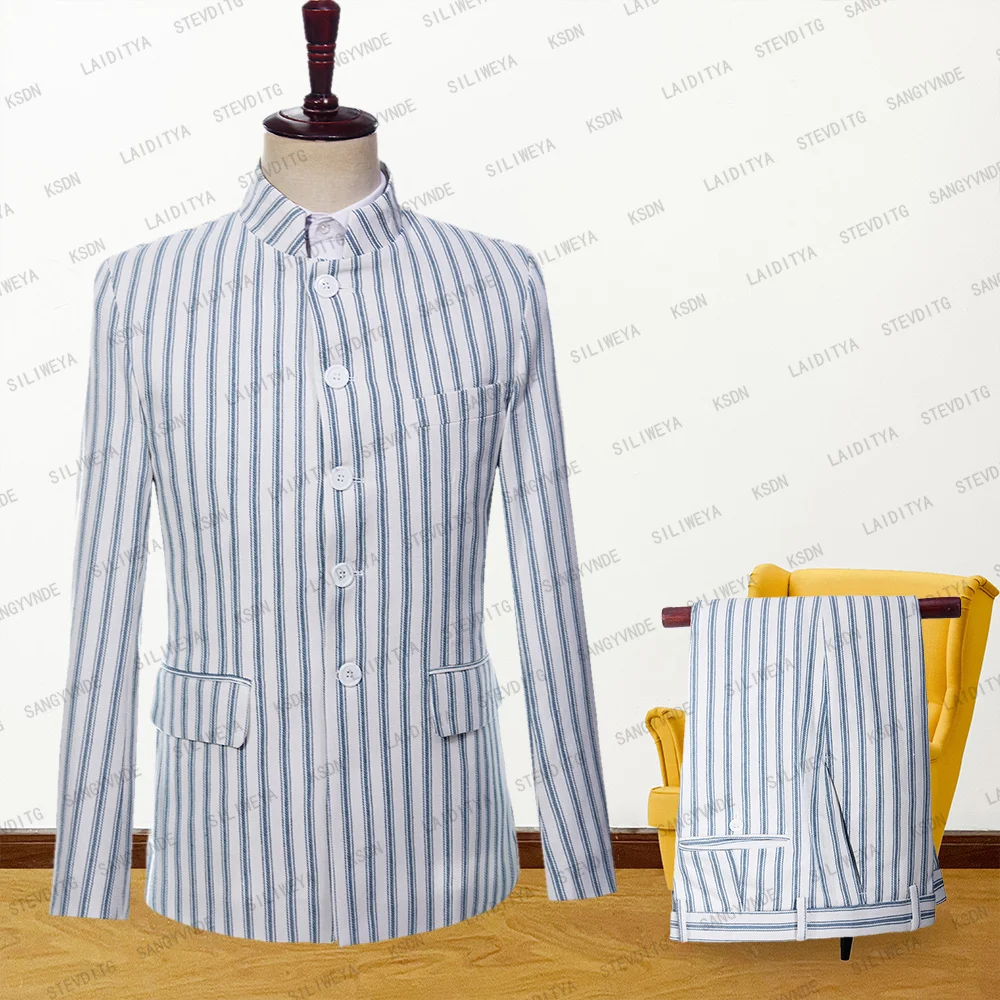 

2023 New Men's Two Piece Slim Fit Casual Light Blue White Vertical Stripe Linen Set Office Travel Groom Wedding Suit Coat Pants