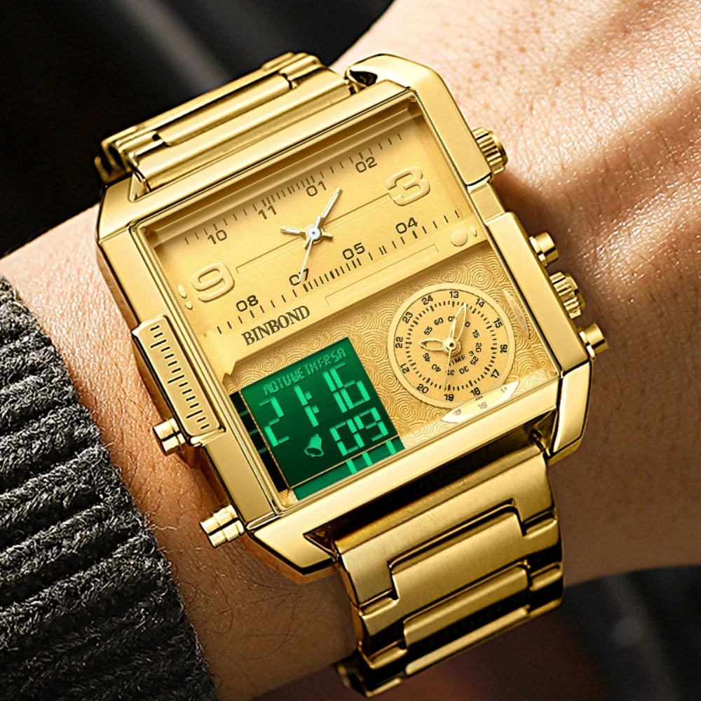 

Men's Waterproof Sports Electronics Watches 2024 Luxury Golden Digital Quartz Dual Display Chronograph Alarm Clock Watch For Men