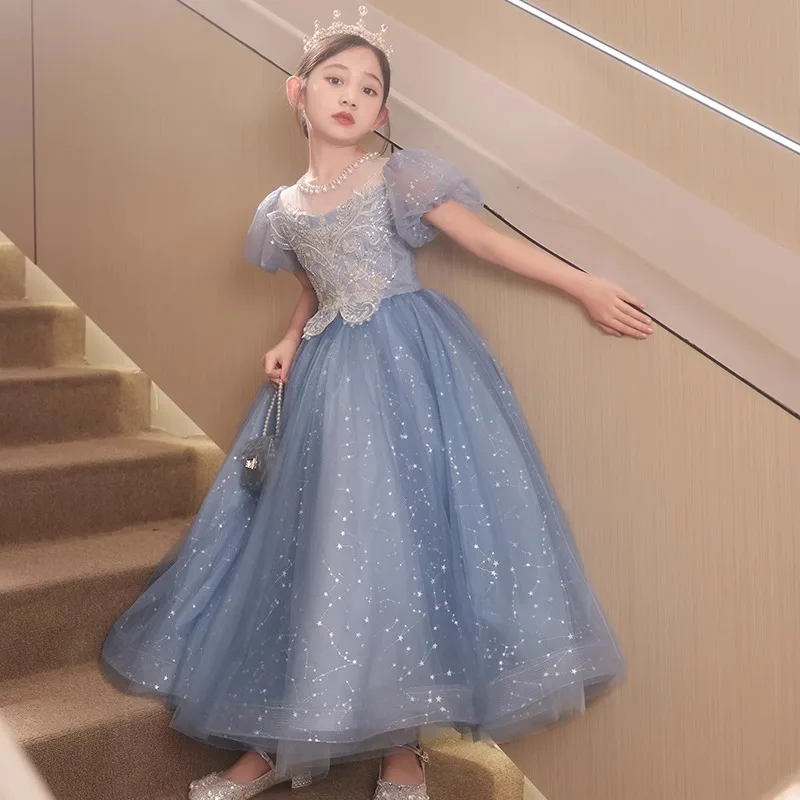 2024 Sequin Blue Girls Princess Dress Puff Sleeves Beading O-Neck Evening Dresses for Children Kids luxury Performance Clothing