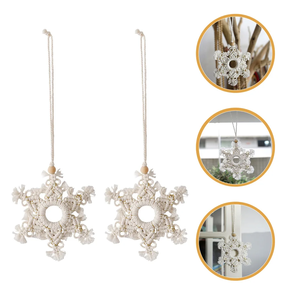 

2 Pcs Snowflakes and Wood Beads Pendant Ornaments Party Hanging Woven Decorations Decorative Wooden