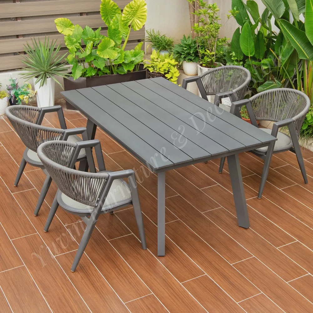 Metal Hotel Furniture Aluminum Alloy Durable Antirust Bistro Coffee Grey Round Table with Stackable Chairs