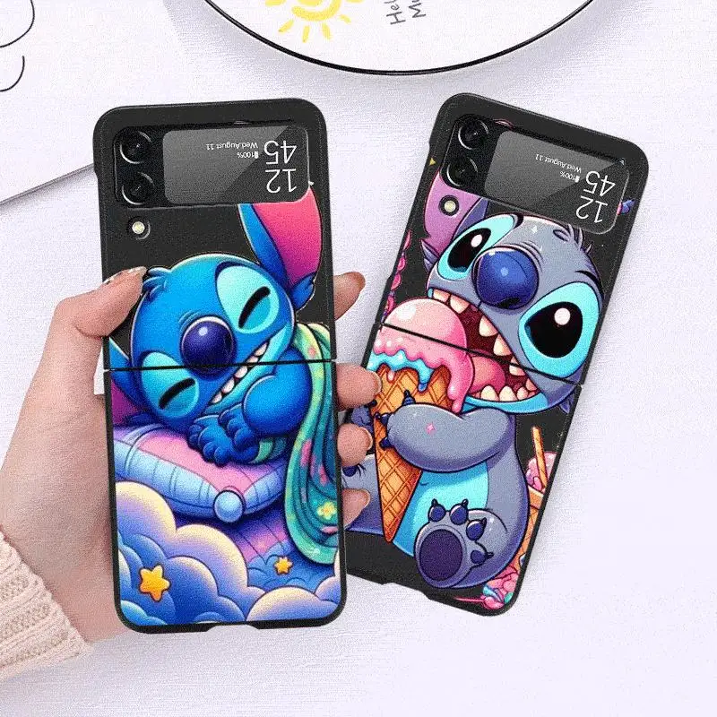 Cartoon Disney Stitch Case for Samsung Galaxy Z Flip 4 3 5 5G Flip Shockproof Capa 6.7 Inches Black Hard PC ZFlip 4 Phone Cover