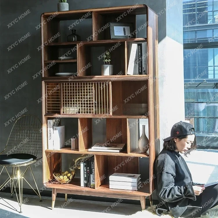 TT  Solid Wood Cherrywood Combination Black Walnut Storage Rack Simple Copper Leg Bookcase Customization