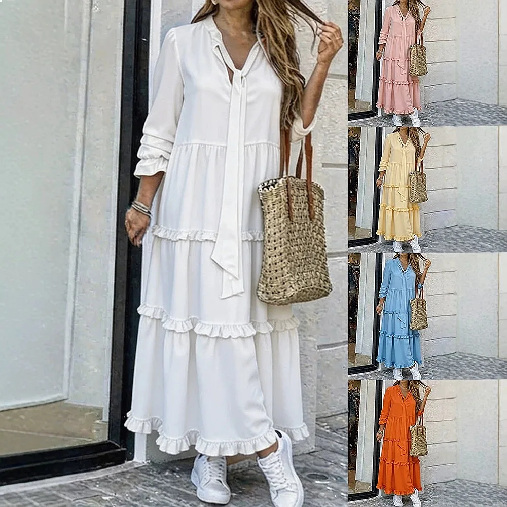 Elegant V Neck Long Sleeve Solid Color Maxi Dress Women Summer Spring Dresses Flowy Casual Midi Dress view 2
