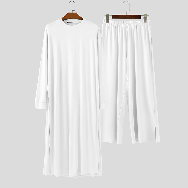 

INCERUN Мужские комплекты Однотонная футболка с длинным рукавом и брюки Комплекты из двух предметов Свободная уличная одежда Модные повседневные мужские костюмы