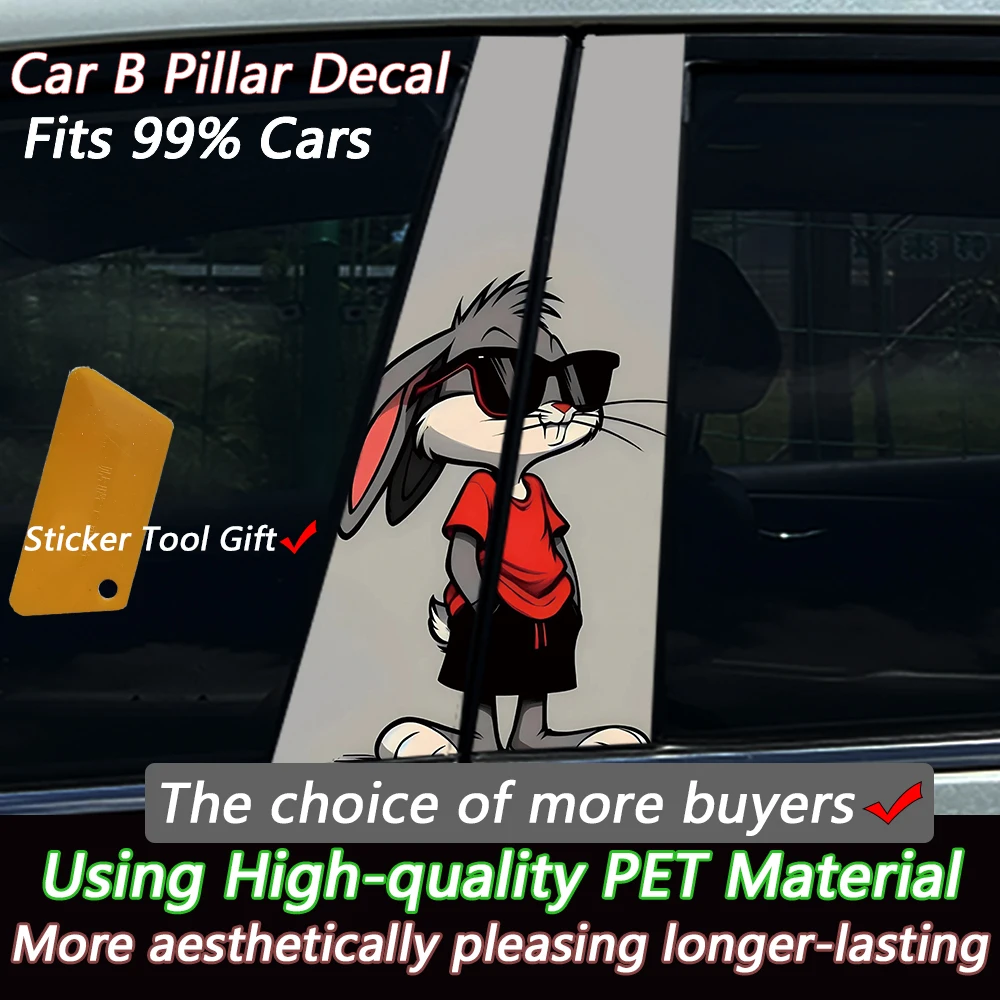 2PCS Cool Rabbit Car Window Pillar Sticker Split B-pillar Decal Waterproof PVC Street Style Auto Styling Vehicle Decoration