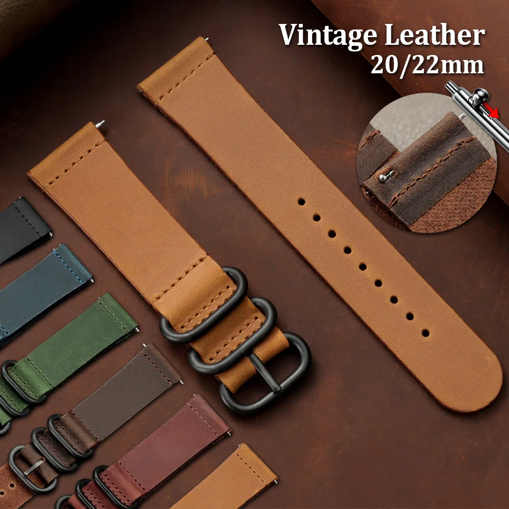 

20 22mm Retro Cowhide Watch Strap for Seiko for Omega Soft Calfskin Watchband Black Red Ring Buckle Bracelet Men Women Wristbelt