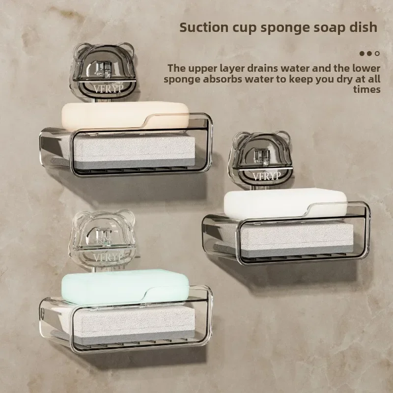 Bathroom Wall-mounted Soap Box BearSuction Cup Soap Box with Sponge No Punching and Draining Soap Boxs