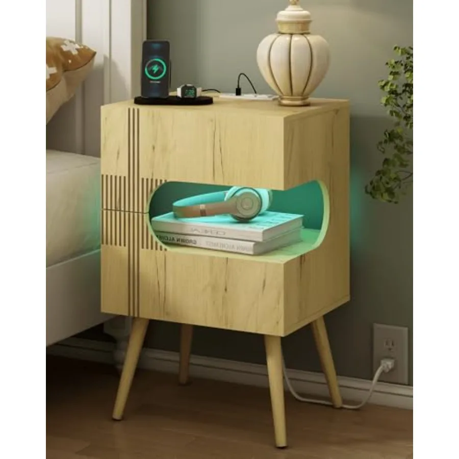 

Прикроватная тумбочка с зарядной станцией и LED-подсветкой, современный прикроватный столик с 2 выдвижными ящиками, тумба с ножками из массива дерева.