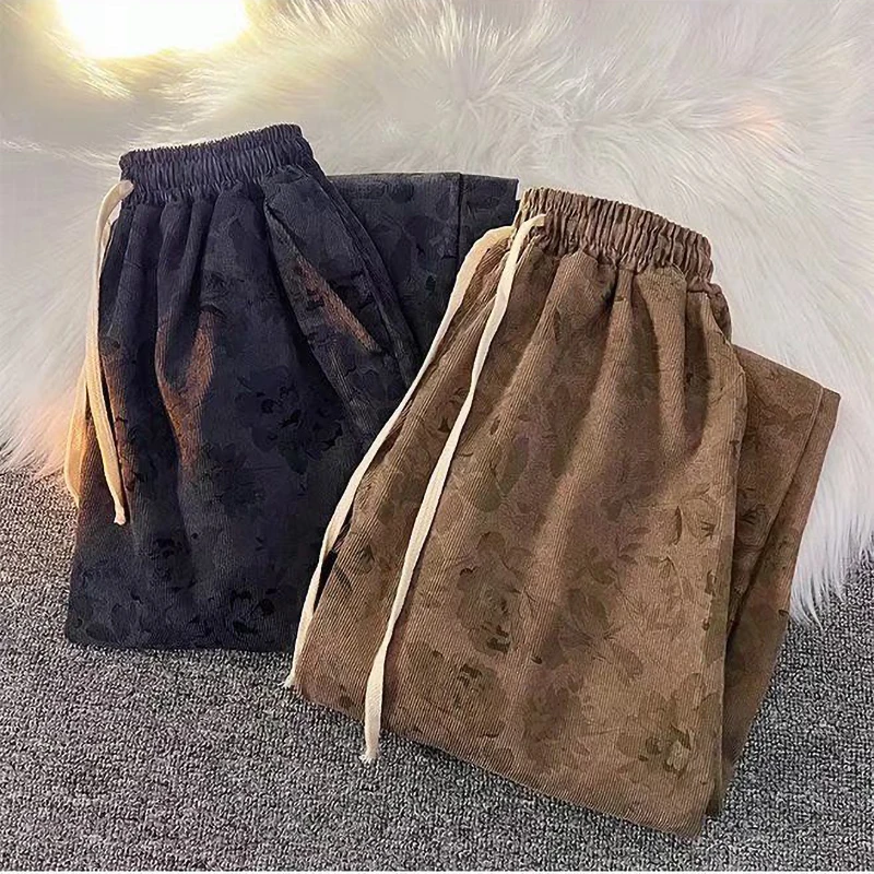 Vintage Floral Corduroy Pants Streetwear Y2k Men Wide leg Oversize Harajuku Casual Straight Long Trousers 2023 Korean Fashion