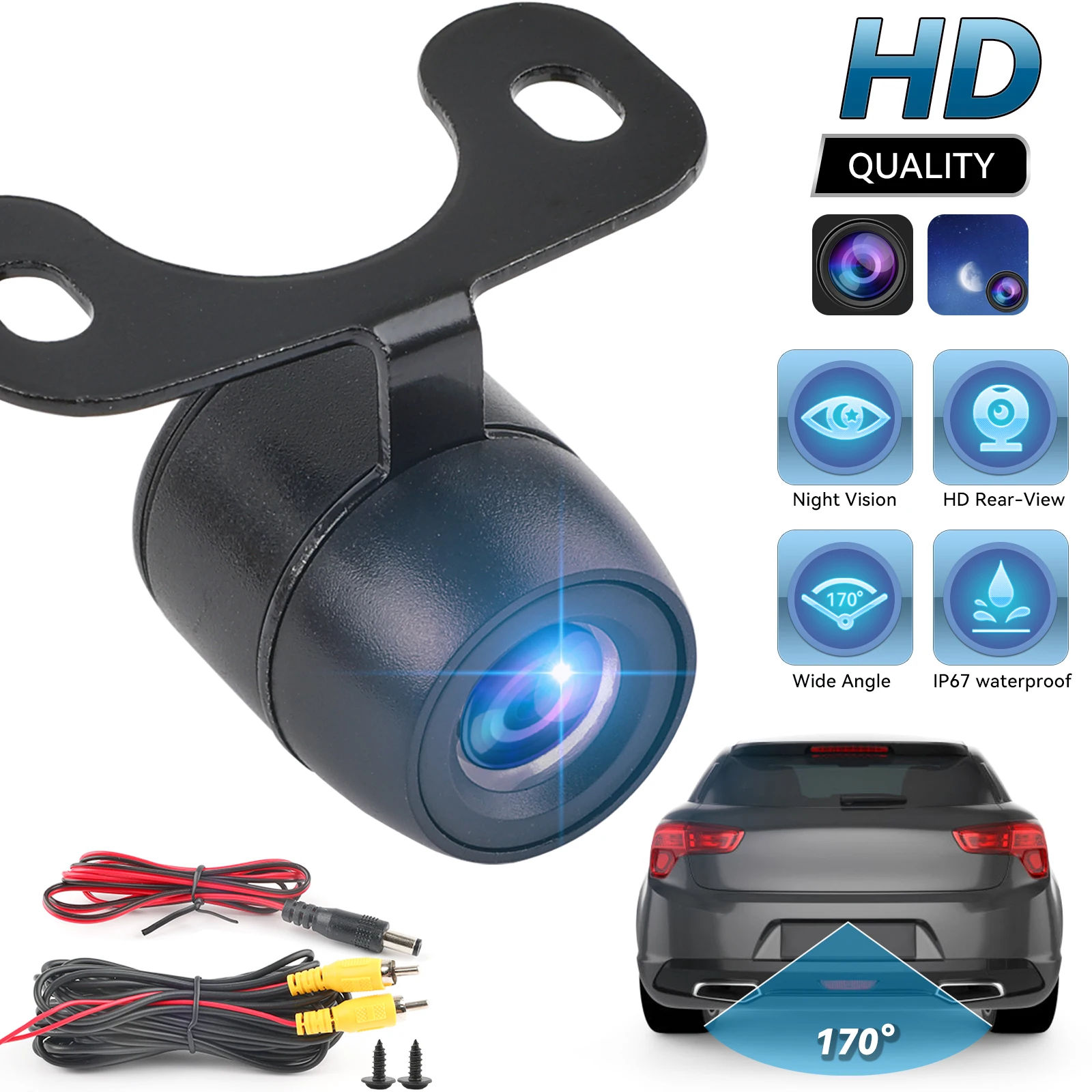 Universal HD Car Backup Camera Vehicle Reversing Parking Rear View Night Vision IP67 Waterproof Glass Lens 170 Degree Wide Angle