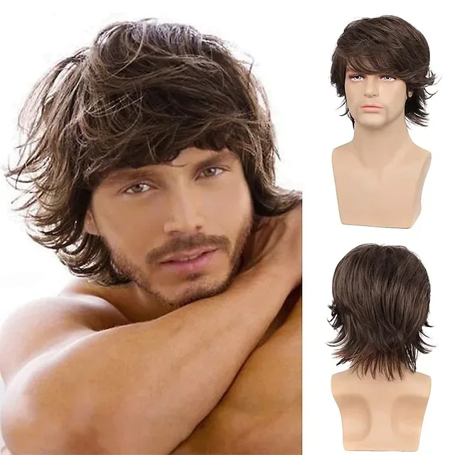Synthetic Men's Short Blonde Wig Fluffy Wavy Layered Cosplay Party Costume Wig with Side Bangs 12 Inch Heat Resistant Fiber