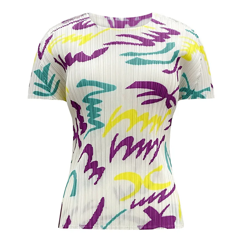 Miyake Fold 2025 Summer New Letter Printed Fold Set Women's Simple Short Sleeve Pleats Top Fashion Half Skirt Two Piece Set