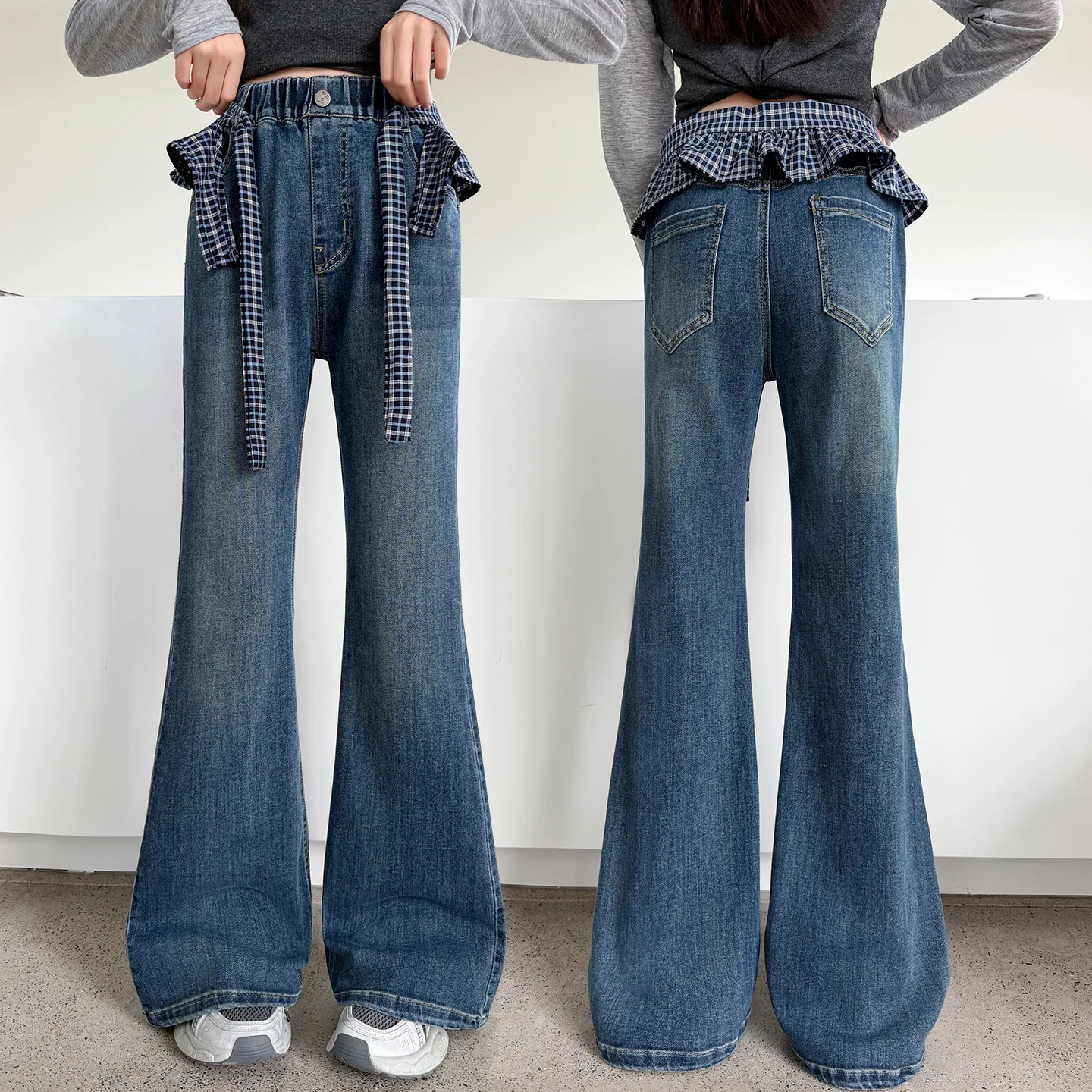Kids Autumn Flared Jeans with Plaid Ruffled Fart Curtain Girls Boot Cut Denim Pants Child Fashion Slim Fit Bell-bottoms Trousers