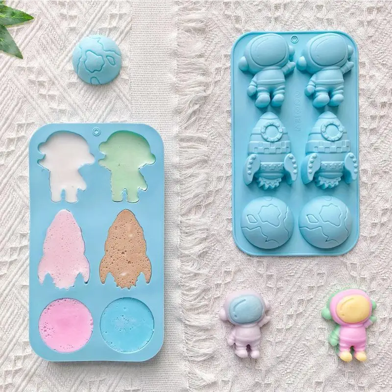 Multi-Purpose 6 Cavity Astronaut Silicone Mold Rocket Planet Space Themed Mould for Baking Candle Soap Resin Craft Making