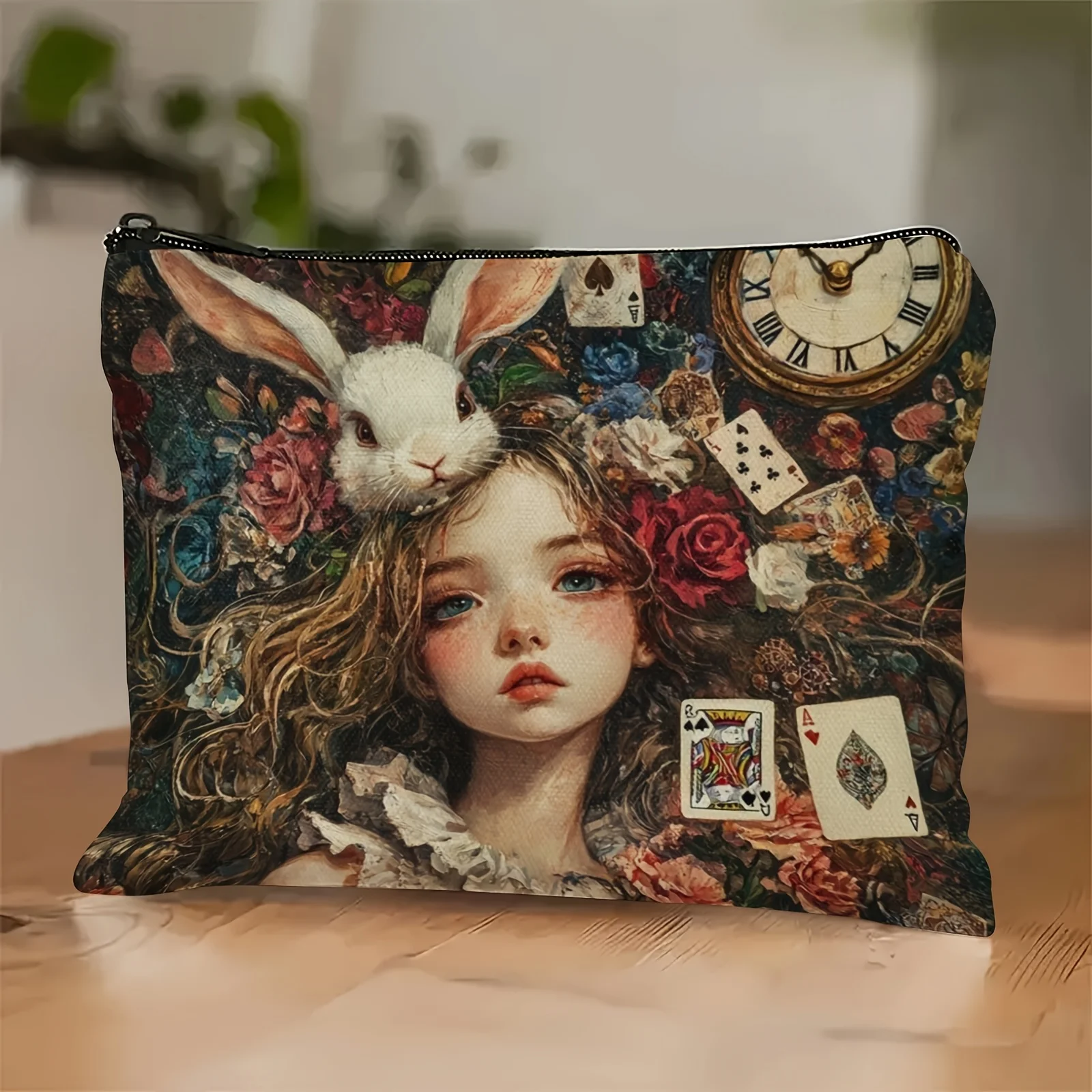 Fantasy Makeup Bag - Dreamy Rabbit & Playing Cards Design, White Cosmetic Pouch with Zipper Closure