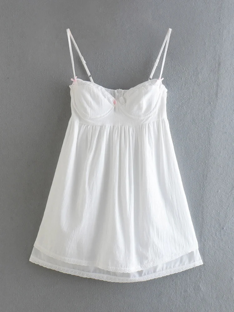 2022 Sexy White Spliced Embroidery Lace Bra Corset style Mini Dress Women Backless Party Skater Short Sling Robe Holiday